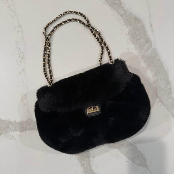 Expressions NYC Vegan Fur Bag Womens Black Faux Fur Shoulder Chain Handbag Purse - Picture 1 of 10